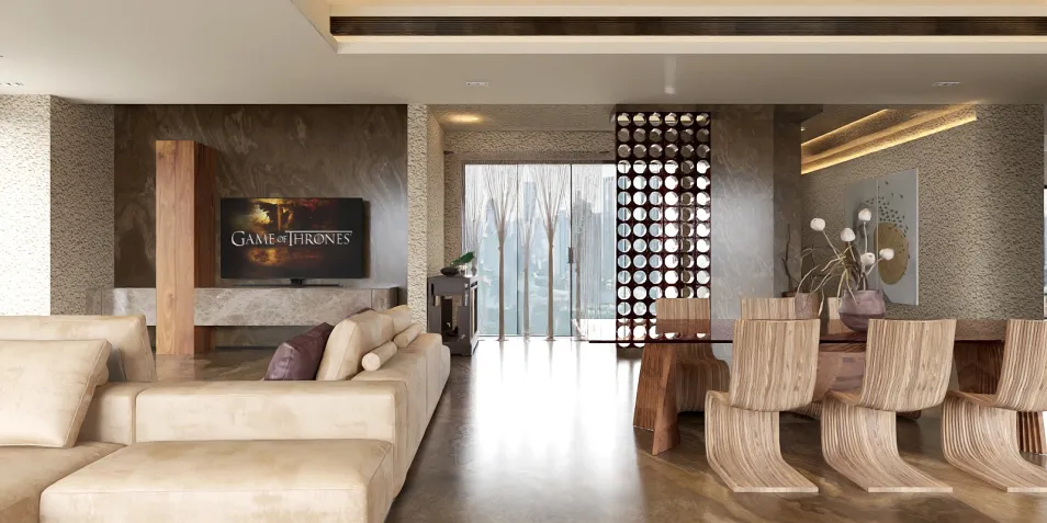 modern living room design featuring a spacious sectional sofa and wooden dining table, showcasing a luxurious and contemporary style, highlighting interior decor with a real-time 3D rendering feature from Homestyler.