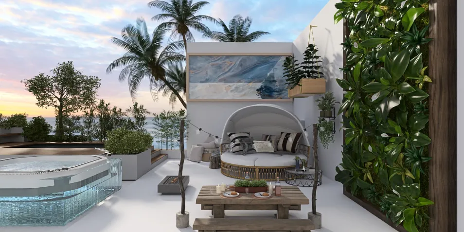 outdoor lounge area featuring a cozy daybed surrounded by tropical plants and artwork, designed in a modern style for enhancing outdoor spaces with Homestyler's real-time 3D rendering.