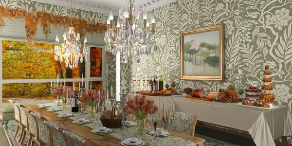 dining room with elegant floral wallpaper and luxurious chandeliers, showcasing a warm and inviting atmosphere, optimized for interior decor using Homestyler's real-time 3D rendering feature.