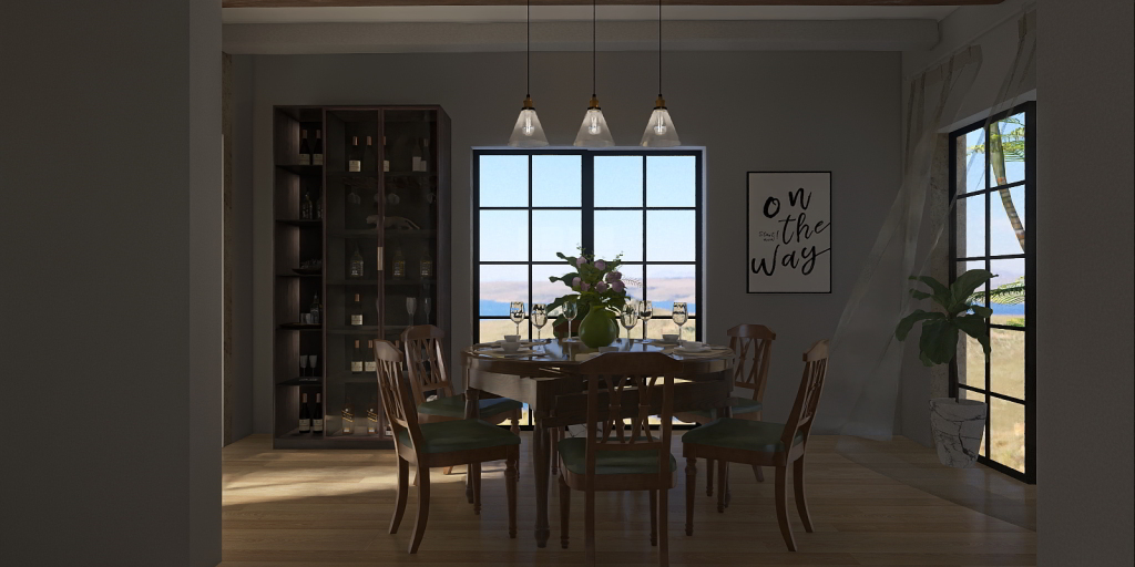 a dining room table with chairs and a window 