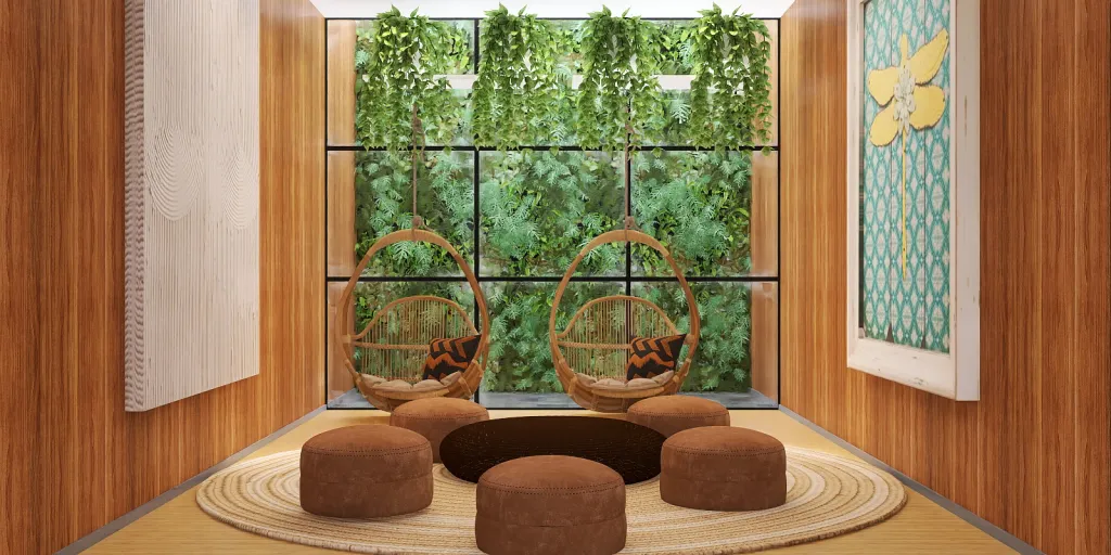 a room with a table and chairs with plants 