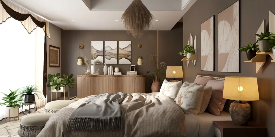 modern bedroom design featuring cozy bedding and stylish decor, utilizing Homestyler's 3D rendering for a realistic layout visualization.