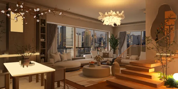 modern living room interior design featuring cozy furniture arrangement and ambient lighting with a city view, utilizing Homestyler's real-time 3D rendering for a vivid visualization.