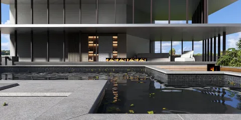modern home exterior showcasing a swimming pool and firepit area in contemporary style, emphasizing outdoor living space, utilizing Homestyler's real-time 3D rendering feature for detailed design preview.