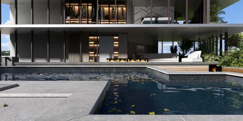 modern outdoor area featuring a sleek swimming pool with natural stone tiles and a stylish patio designed for relaxation, showcasing Homestyler's real-time 3D rendering for realistic visualization.