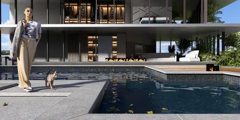 modern house exterior with pool and person walking a dog showcasing architectural design elements and outdoor living space value using Homestyler's real-time 3D rendering feature