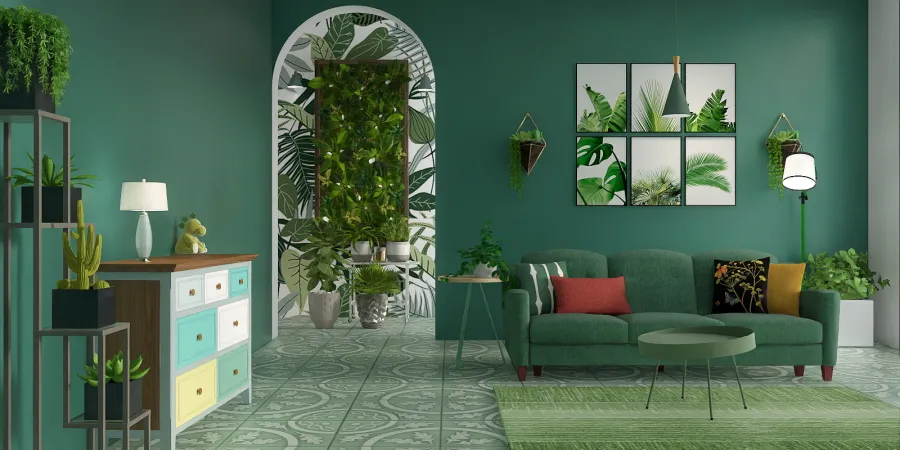 a living room with a green couch and a green rug 