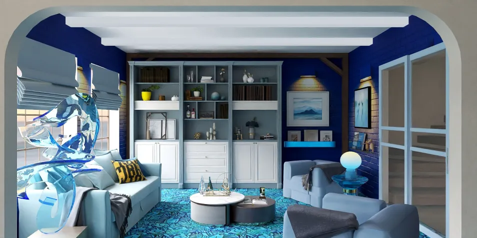 modern living room with blue accents featuring smart furniture arrangement for small space optimization, showcasing Homestyler's real-time 3D rendering feature