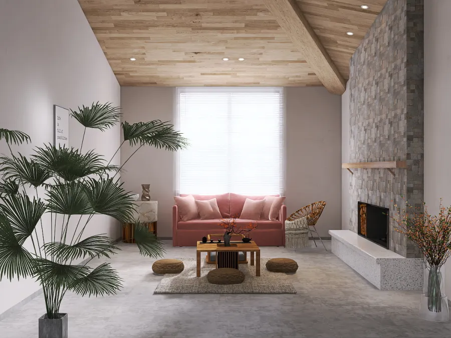 a living room with a couch, chair, and fireplace 