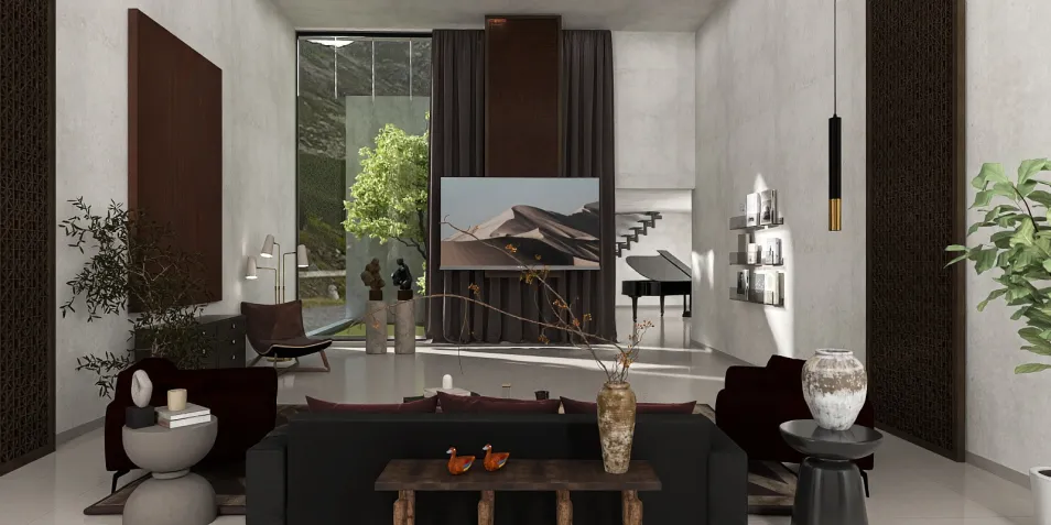 modern living room design featuring a spacious layout and natural elements with a focus on interior decor aesthetics, utilizing Homestyler's real-time 3D rendering to create a stunning ambiance.