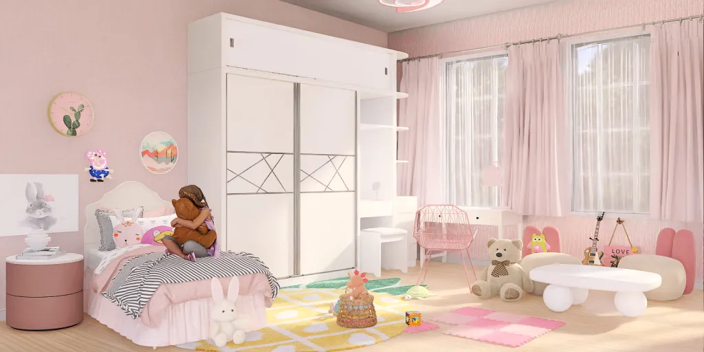 a small child's bedroom with a bed, dresser, and a doll 