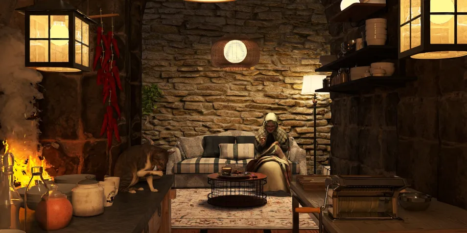 A cozy living room featuring a stone wall, a woman wrapped in a blanket, and warm lighting fixtures, showcasing rustic interior design with an emphasis on comfort, utilizing Homestyler's real-time 3D rendering for accurate space visualization.