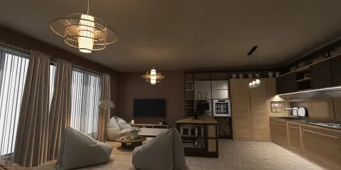 Modern living room featuring a cozy seating arrangement with bean bags and stylish decor, enhanced by Homestyler's real-time 3D rendering for realistic space visualization.
