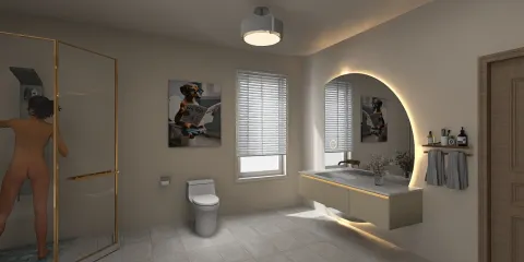 bathroom interior design featuring modern fixtures and lighting, showcasing a realistic 3D rendering, optimized for functional beauty with Homestyler's real-time 3D rendering feature.
