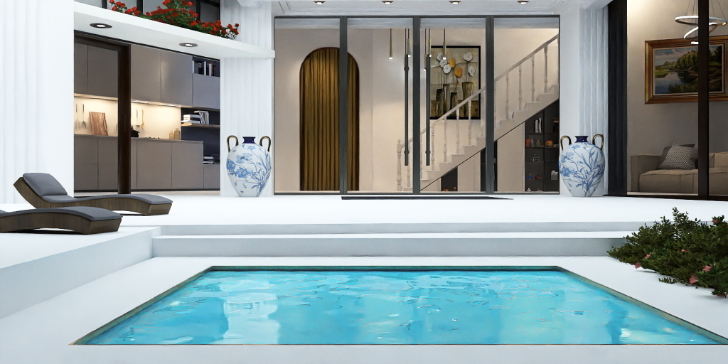 a swimming pool with a large window and a large tub 