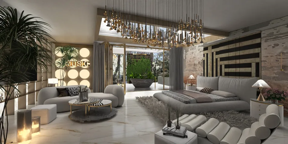luxurious living room with modern furniture arrangement in contemporary style featuring a cozy atmosphere and natural light, utilizing Homestyler's real-time 3D rendering for design visualization.