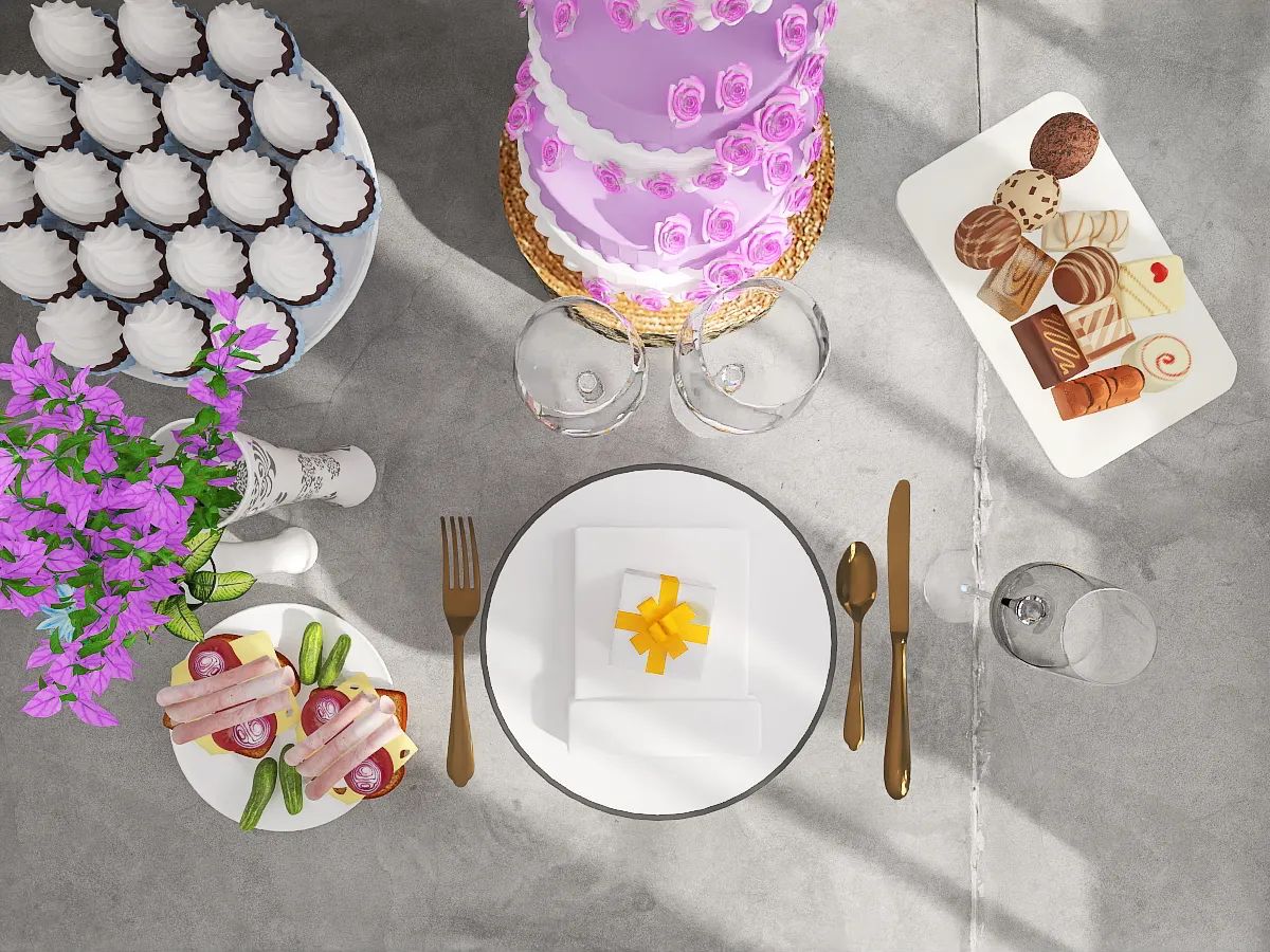 a table topped with plates of food and a cake 