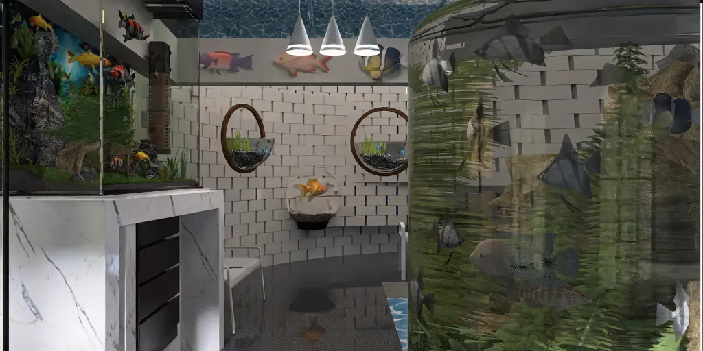 a bathroom with a mosaic tile floor and a fish tank 