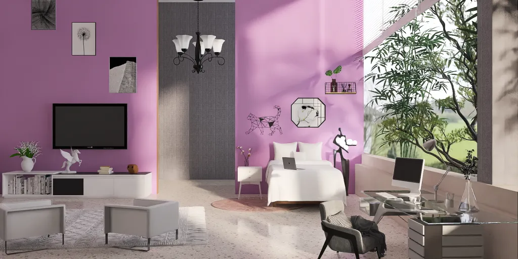 a bathroom with a pink wall and a pink wall 