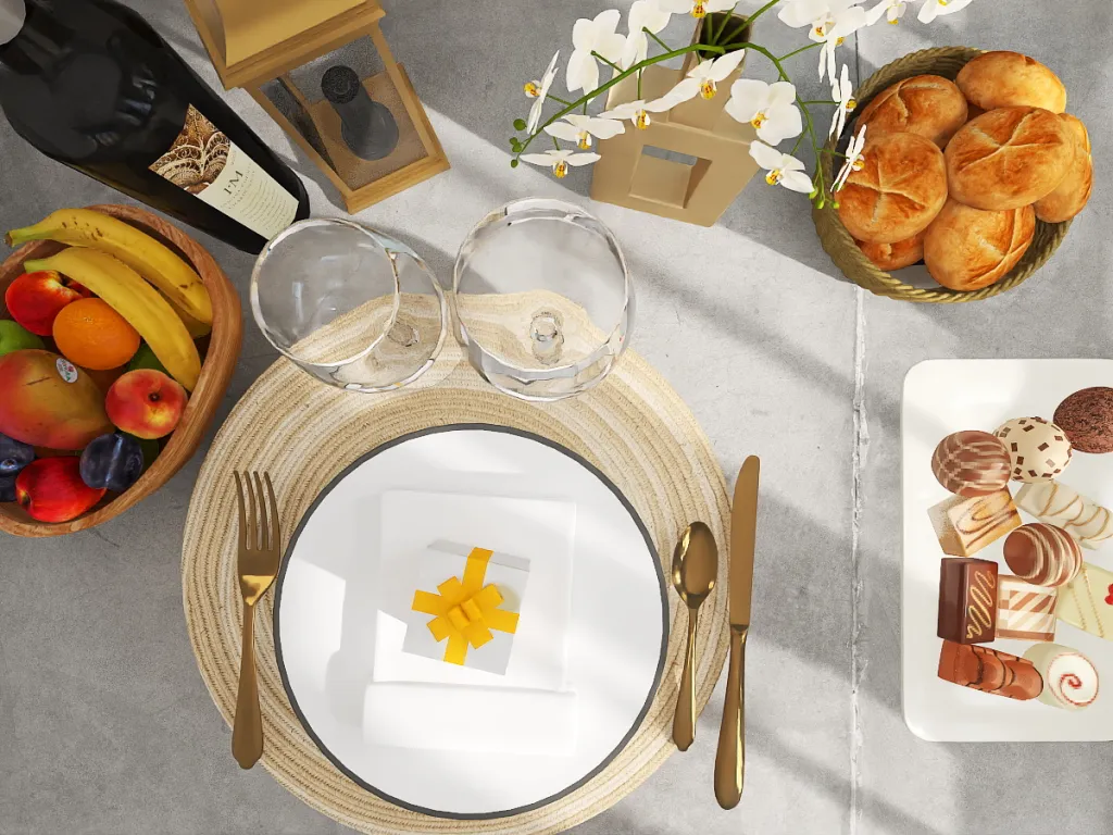 a table topped with plates of food and a glass of wine 