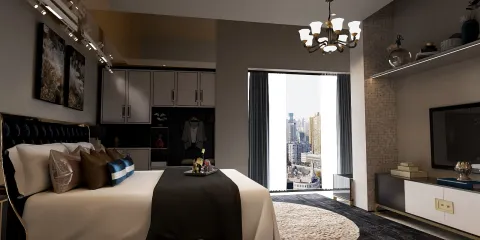 modern bedroom design featuring a luxurious bed with decorative pillows, showcasing a stylish chandelier and large windows for natural light, highlighting the use of Homestyler's real-time 3D rendering feature for instant design visualization.