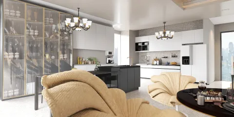 Luxurious kitchen area featuring elegant cabinetry and modern appliances with a contemporary design style, showcasing a sophisticated space value. Utilizes Homestyler's real-time 3D rendering for a immersive design preview.