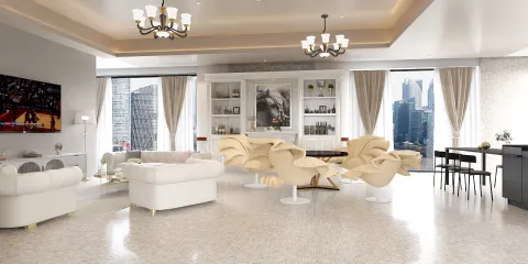 Spacious living room with modern white furniture, displaying a cozy yet elegant design style, highlighting the value of comfort and aesthetics in interior decor, featuring Homestyler's real-time 3D rendering functionality.