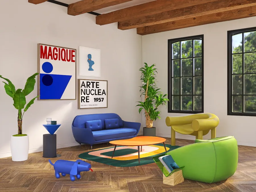 a living room with a green couch and a blue chair 