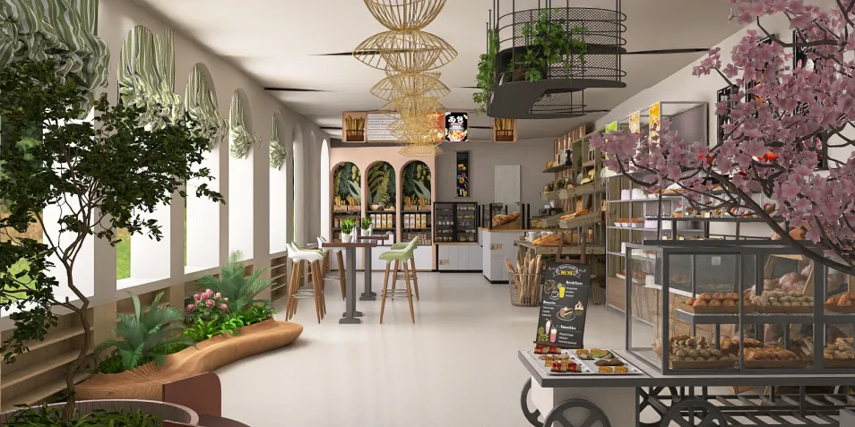A stylish café interior featuring an open layout with natural greenery, showcasing sustainable design elements and a cozy atmosphere. Includes modern furniture arrangement. Utilizing Homestyler's real-time 3D rendering for quick visualization of the design concept.