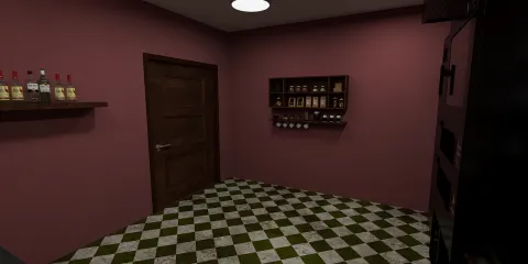 A cozy kitchen featuring a rustic wooden shelf stocked with various jars and bottles, designed in a vintage style with a charming checkered floor pattern; interior design using Homestyler's real-time 3D rendering for effective space visualization.