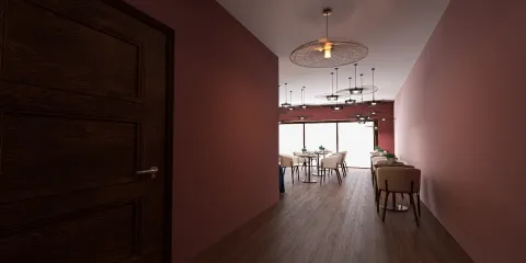 Modern hallway leading to a dining area, featuring warm lighting and stylish decor, showcasing interior design concepts with Homestyler's real-time 3D rendering feature.