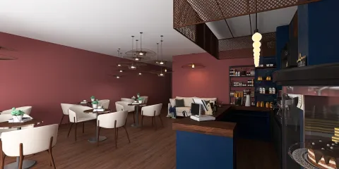 coffee shop interior design showcasing smart furniture arrangement in a modern style with a cozy atmosphere, featuring Homestyler's real-time 3D rendering for efficient design proposal visualization.