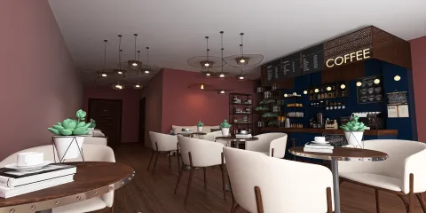 modern coffee shop interior design featuring seating arrangements and a stylish counter with coffee supplies, showcasing a cozy atmosphere for social gatherings, designed using Homestyler's real-time 3D rendering feature.
