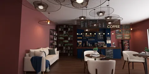 cozy coffee shop interior design featuring a stylish sofa and round tables, enhancing social interaction with a warm color scheme and smart furniture arrangement for small spaces using Homestyler's real-time 3D rendering.