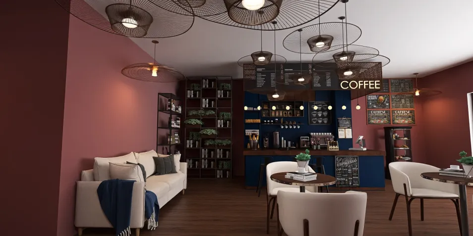 cozy coffee shop interior design featuring a stylish sofa and round tables, enhancing social interaction with a warm color scheme and smart furniture arrangement for small spaces using Homestyler's real-time 3D rendering.