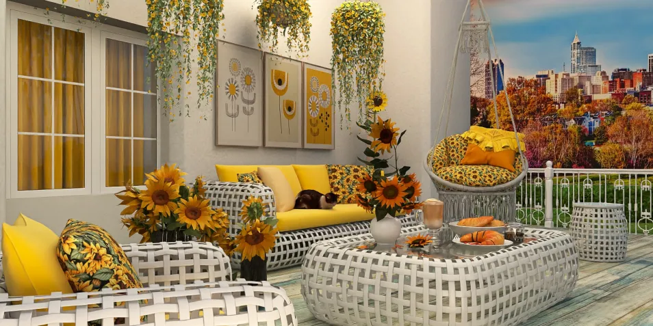 sunny terrace with wicker furniture featuring bright yellow cushions and sunflower decor, showcasing an inviting outdoor living space optimized for relaxation using Homestyler's real-time 3D rendering feature