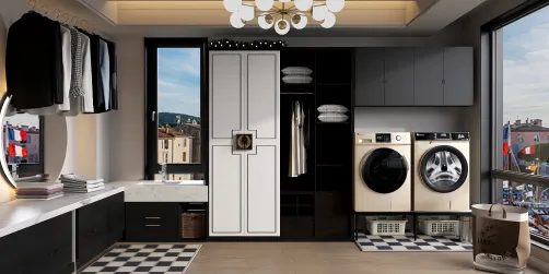 black white and gold laundry room