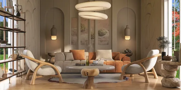Cozy living room featuring a contemporary sofa arrangement with warm tones, decorated with elegant lighting and artistic wall decor, showcasing modern interior design with Homestyler's real-time 3D rendering feature.