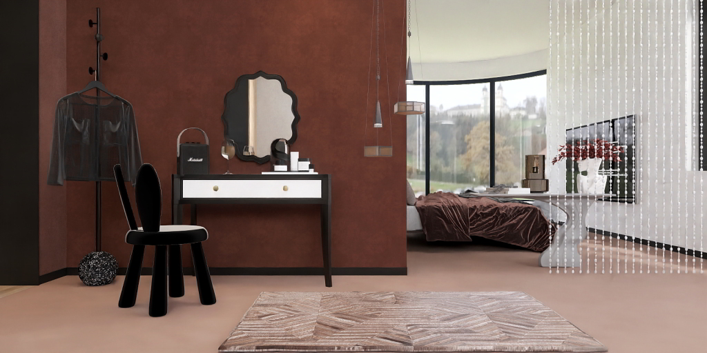 a room with a bed, chair, and a mirror 