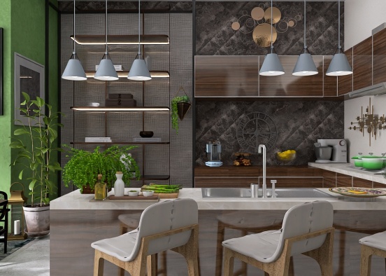 Marble mix with green Kitchen  Design Rendering