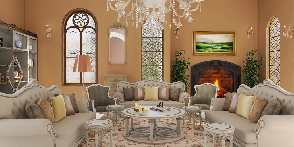 a living room filled with furniture and a fireplace 