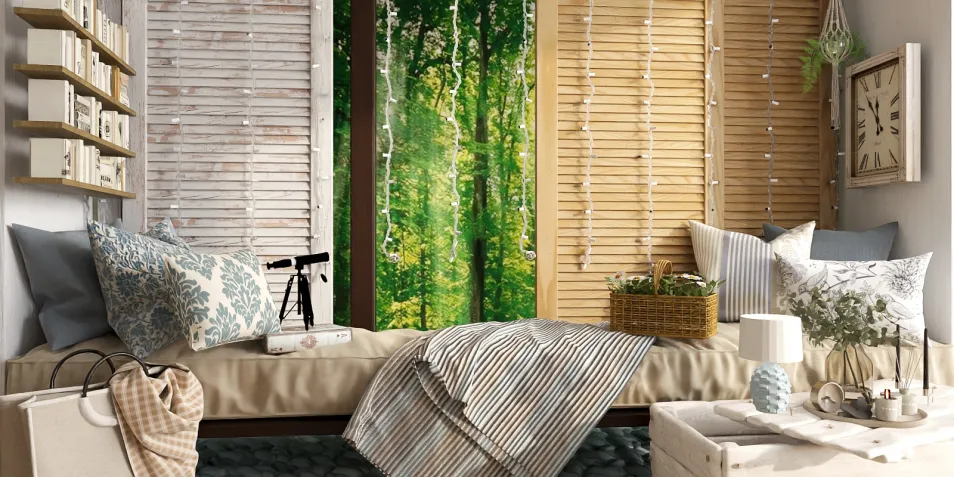 cozy seating area with natural elements featuring a green forest backdrop, enhancing the atmosphere through smart furniture arrangement, designed for relaxation and calm in interior decor.