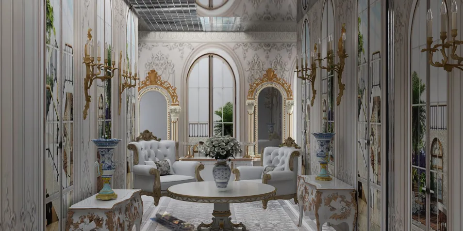 luxurious living room filled with elegant furniture and decorative mirrors showcasing a classic baroque style, emphasizing interior elegance, featuring real-time 3D rendering of Homestyler