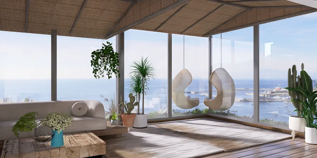 a large window overlooking a city with a view of the ocean 