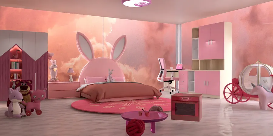 a room with a pink and white bed and a pink and white chair 