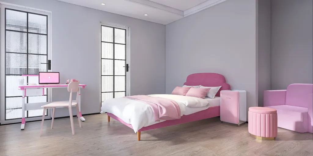 a bedroom with a bed, desk, and a dresser 
