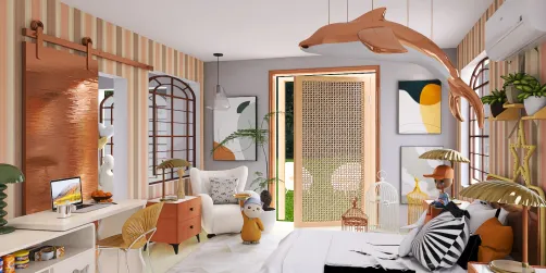 Cozy bedroom interior with playful dolphin decor and stylish furniture, showcasing warm tones and natural elements, highlighting Homestyler's real-time 3D rendering feature.