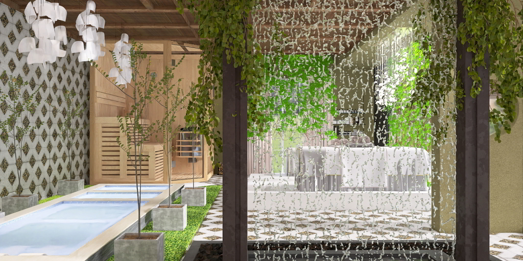 a large pool with a large stone wall 