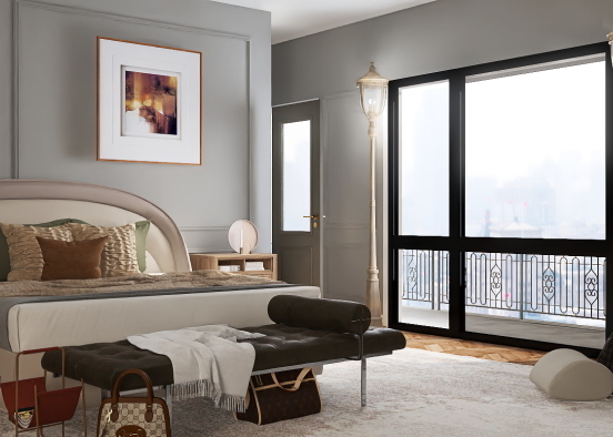 Modern bedroom with floor to ceiling windows  Design Rendering