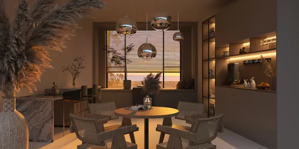 modern dining area featuring a round table with stylish chairs, showcasing a cozy evening ambiance with warm lighting and decorative elements, ideal for highlighting interior decor with Homestyler's real-time 3D rendering feature.